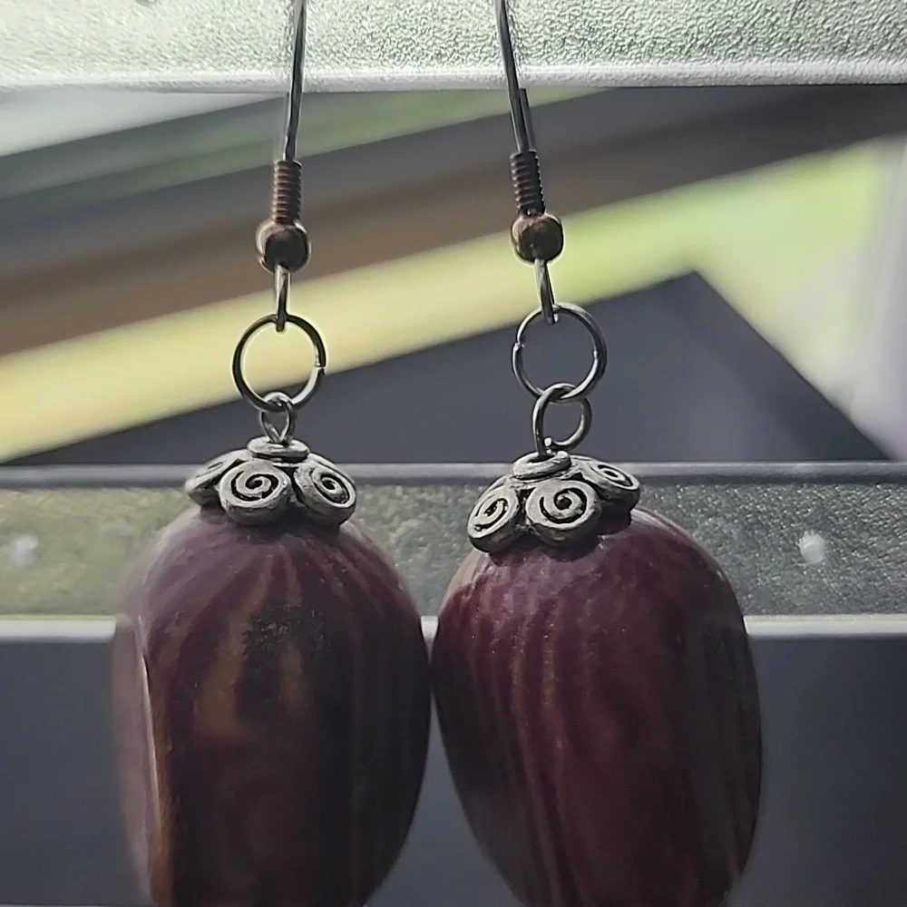 Handmade Purple Beaded Earrings - Picture 3 of 5